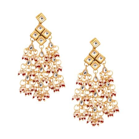 Enamel Mirror Teardrop Chandelier Earrings with Red & Pearl Beads Pair